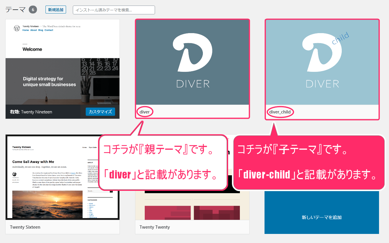 diver親テーマと子テーマ